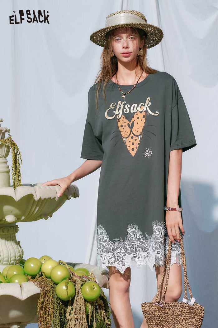 ELFSACK Leopard Cat Print Lace Hem T-Shirt Dress