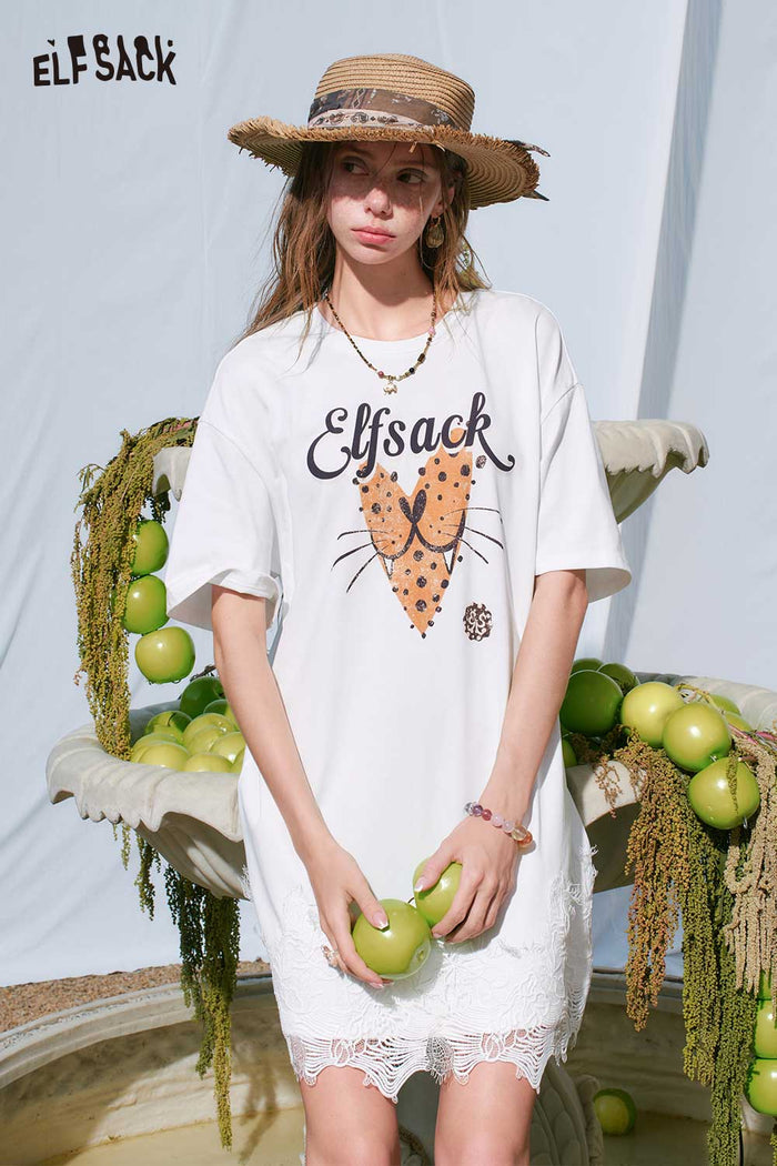 ELFSACK Leopard Cat Print Lace Hem T-Shirt Dress