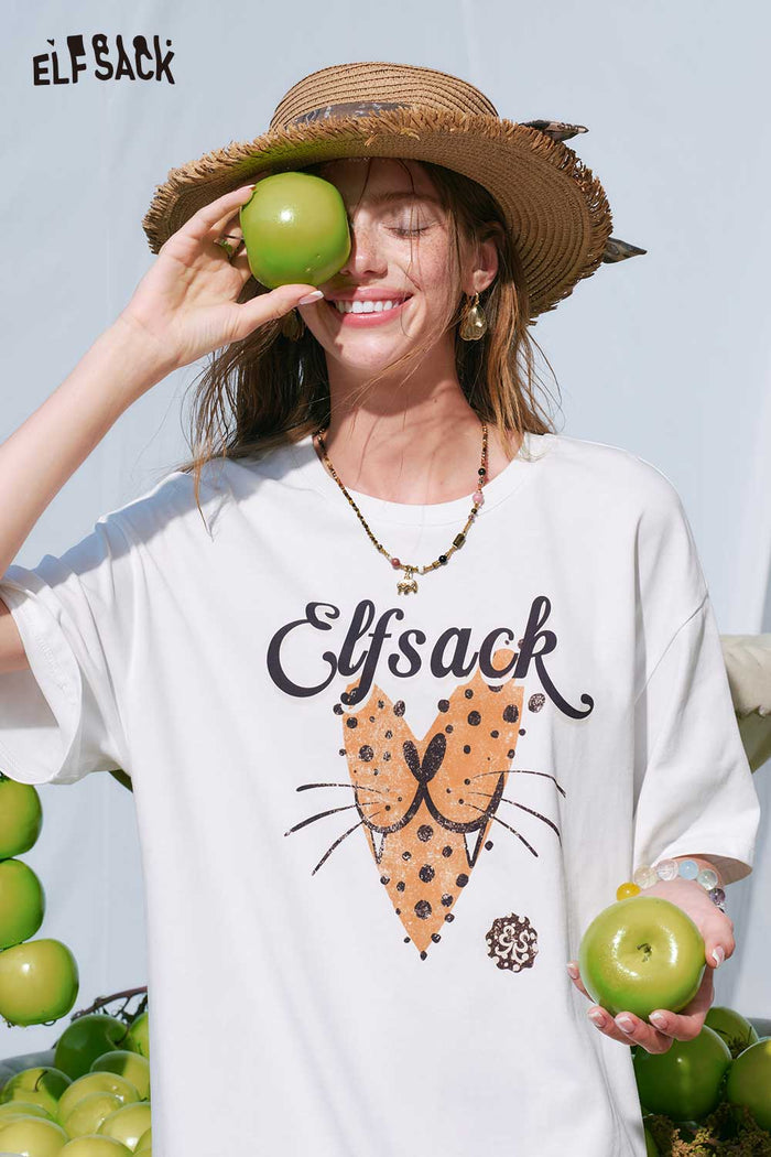 ELFSACK Leopard Cat Print Lace Hem T-Shirt Dress