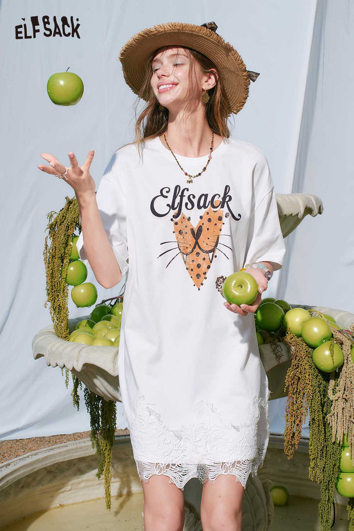 ELFSACK Leopard Cat Print Lace Hem T-Shirt Dress
