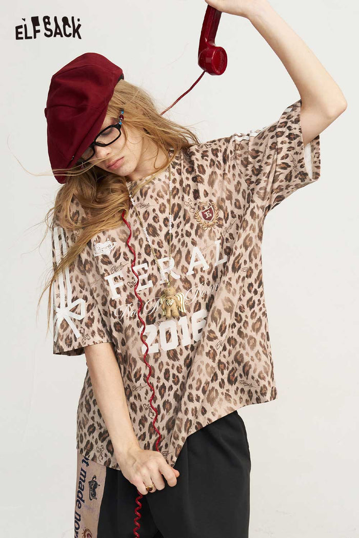 Leopard Print Letter Graphic Short Sleeve Tee
