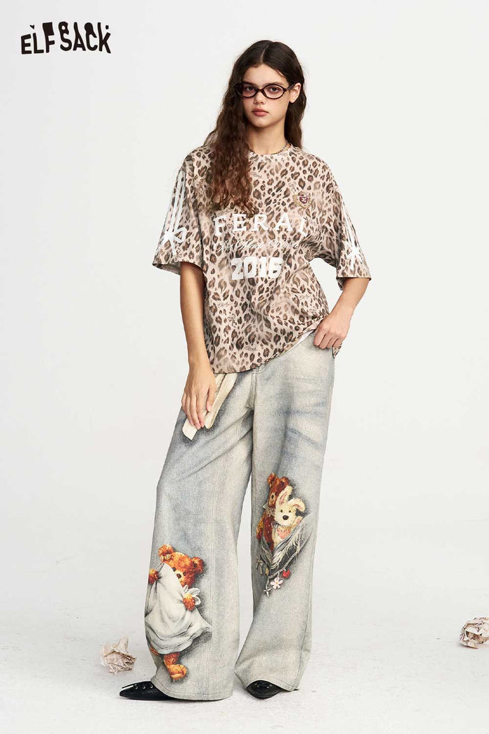 Leopard Print Letter Graphic Short Sleeve Tee