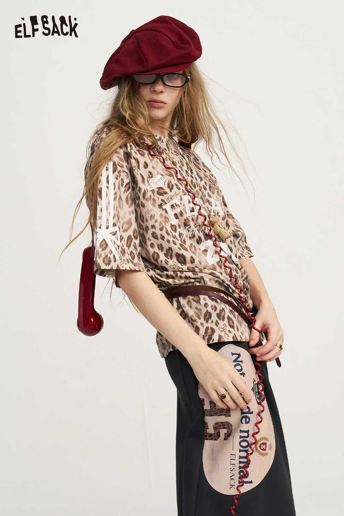 Leopard Print Letter Graphic Short Sleeve Tee