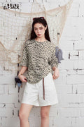 ELFSACK Leopard Print Round Neck Oversized T-Shirt
