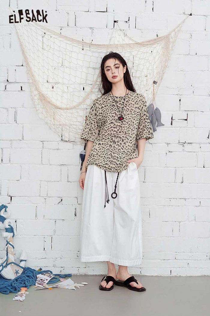 ELFSACK Leopard Print Round Neck Oversized T-Shirt