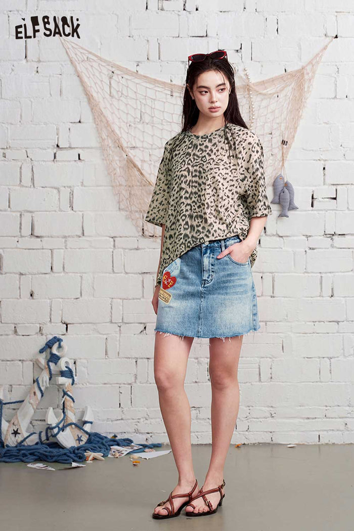 ELFSACK Leopard Print Round Neck Oversized T-Shirt