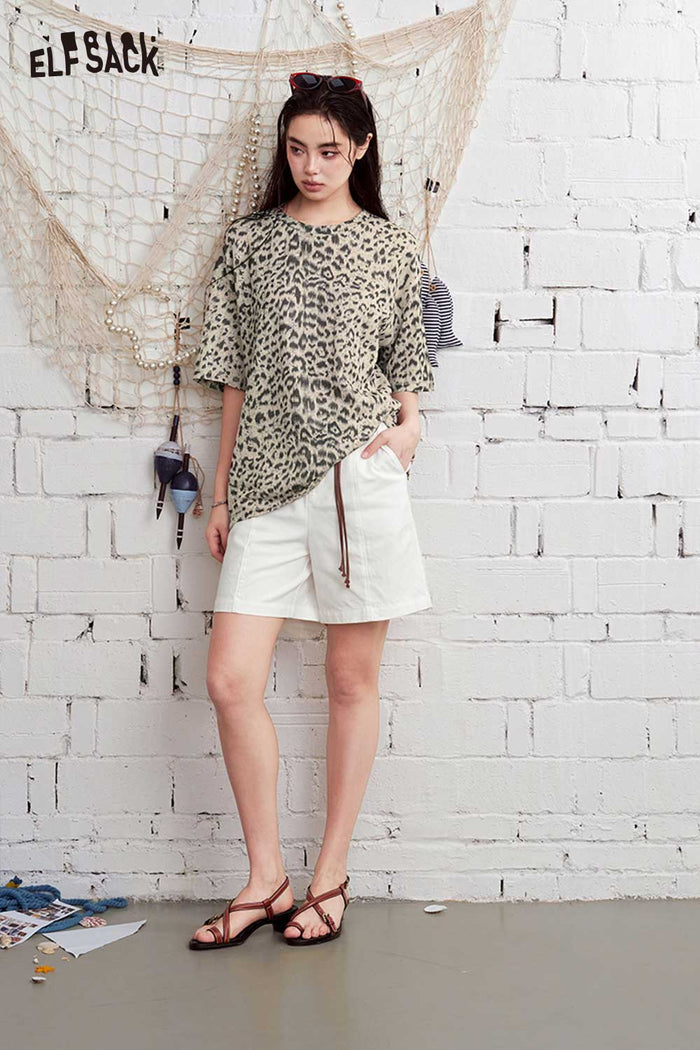 ELFSACK Leopard Print Round Neck Oversized T-Shirt