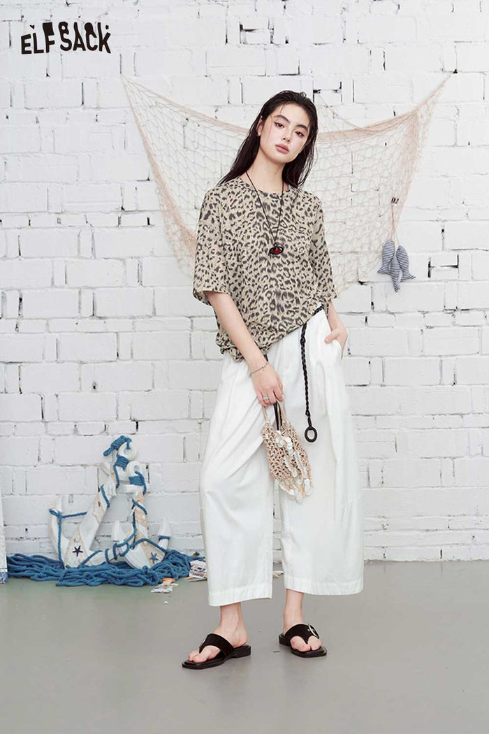ELFSACK Leopard Print Round Neck Oversized T-Shirt