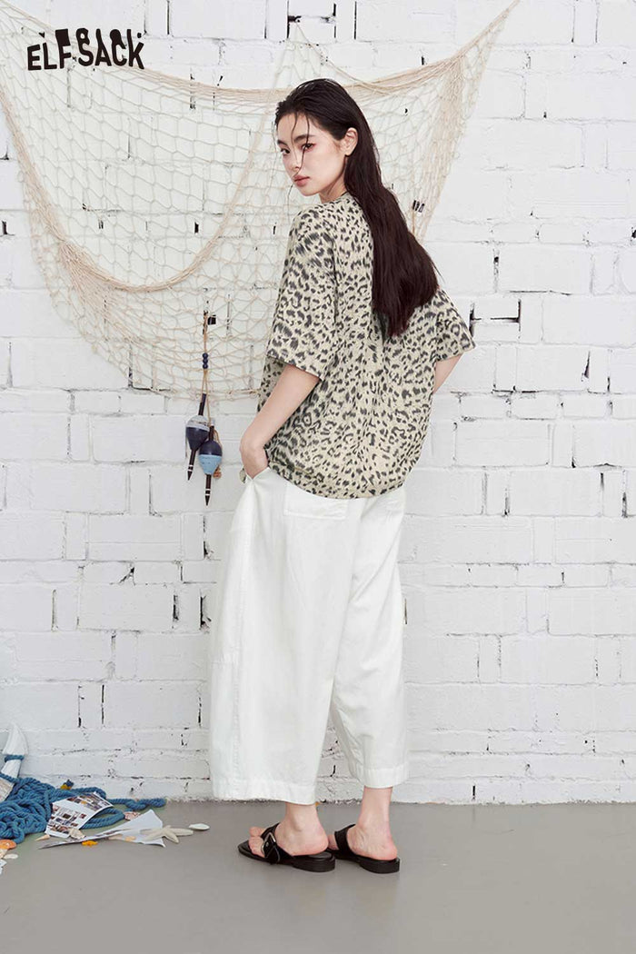 ELFSACK Leopard Print Round Neck Oversized T-Shirt