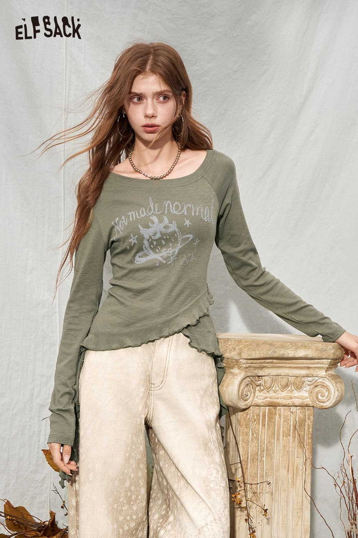 Letter Print Asymmetrical Ruffle Long Sleeve Tee