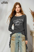 Letter Print Asymmetrical Ruffle Long Sleeve Tee
