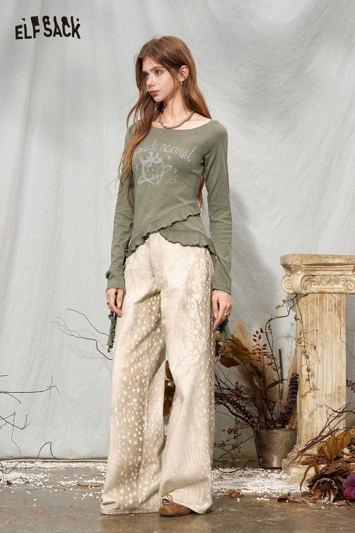 Letter Print Asymmetrical Ruffle Long Sleeve Tee