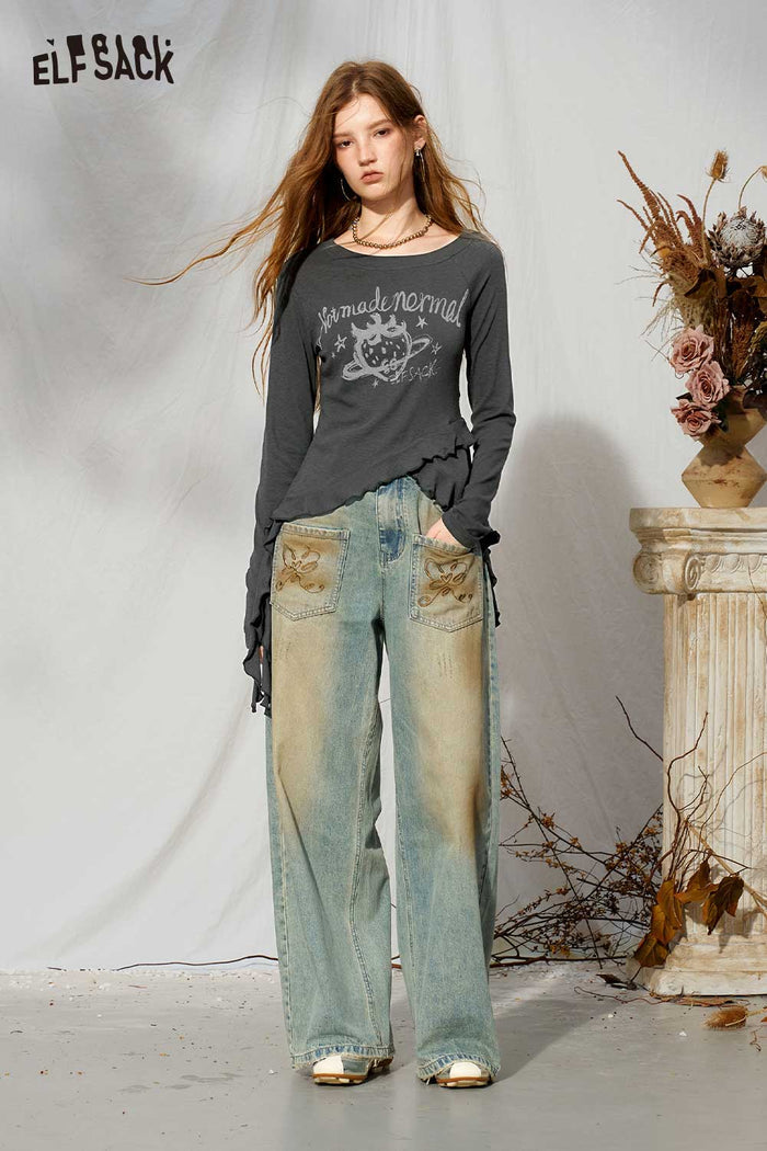 Letter Print Asymmetrical Ruffle Long Sleeve Tee