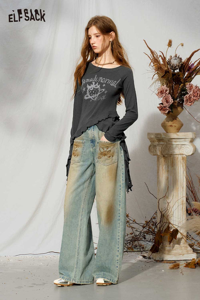 Letter Print Asymmetrical Ruffle Long Sleeve Tee