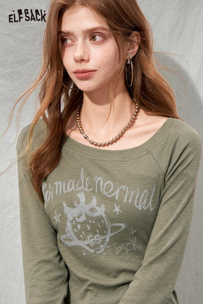 Letter Print Asymmetrical Ruffle Long Sleeve Tee