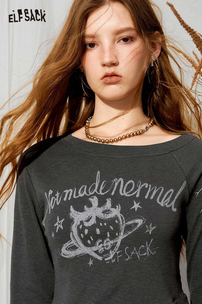 Letter Print Asymmetrical Ruffle Long Sleeve Tee