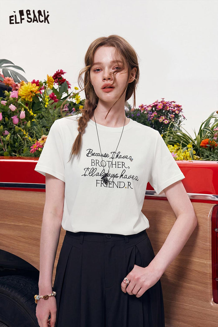 ELFSACK Letter Print Crew Neck Short Sleeve T-Shirt