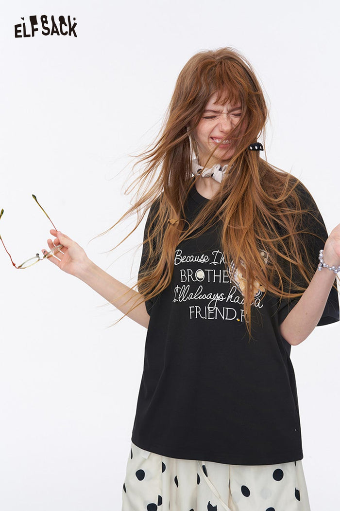 ELFSACK Letter Print Crew Neck Short Sleeve T-Shirt