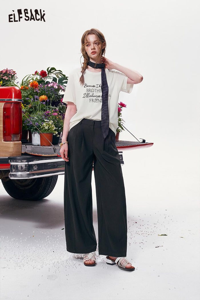 ELFSACK Letter Print Crew Neck Short Sleeve T-Shirt