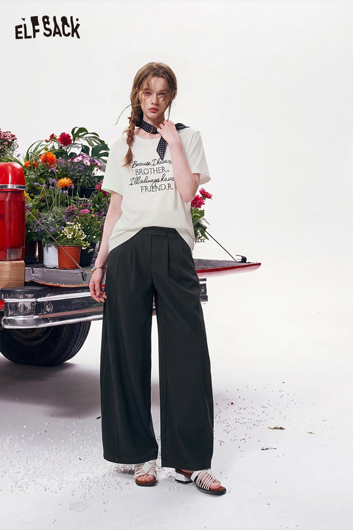 ELFSACK Letter Print Crew Neck Short Sleeve T-Shirt