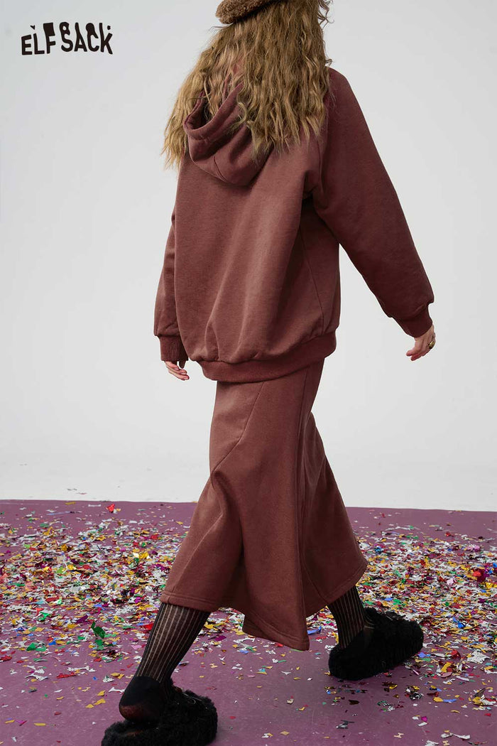 ELFSACK Light Angora Red Strawberry Print Hoodie Half Skirt Set