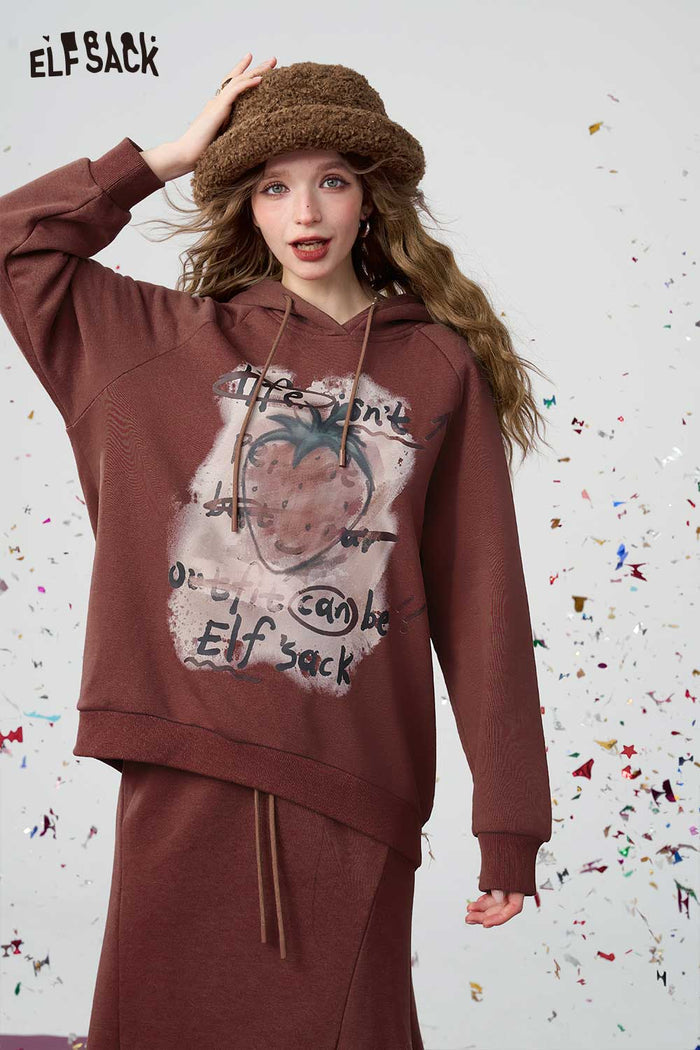 ELFSACK Light Angora Red Strawberry Print Hoodie Half Skirt Set