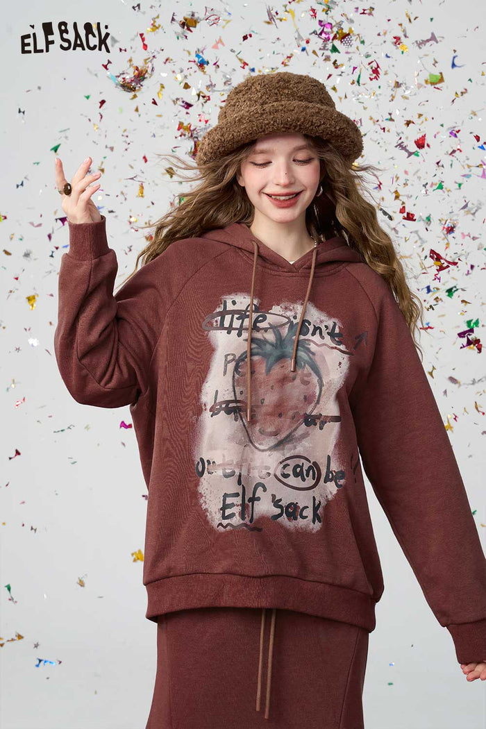 ELFSACK Light Angora Red Strawberry Print Hoodie Half Skirt Set