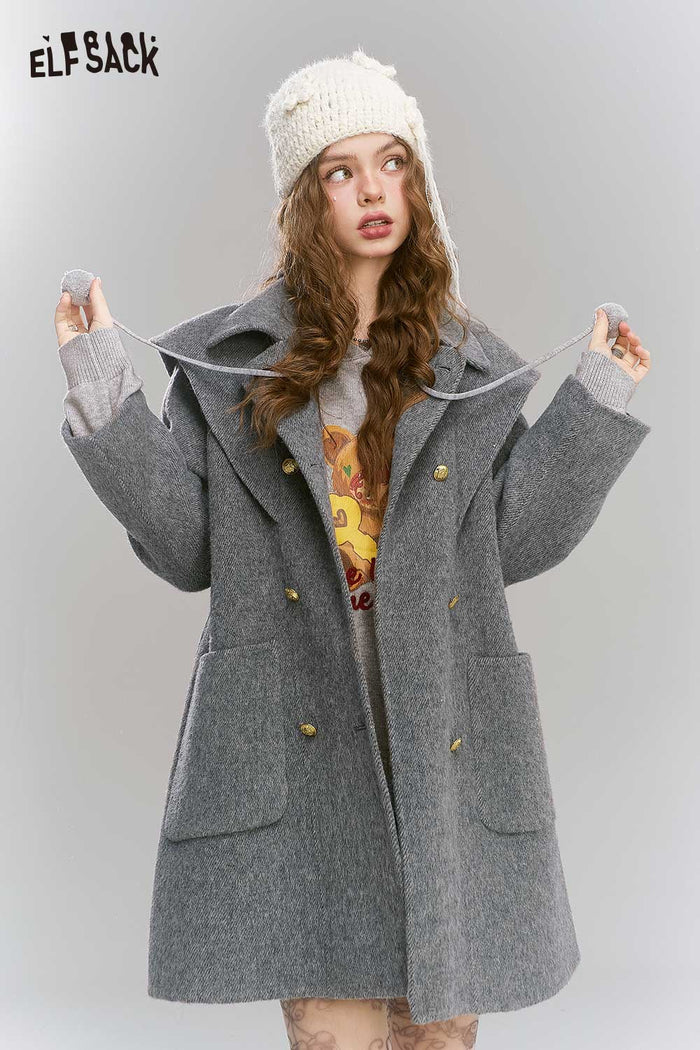ELFSACK Light British Style Gray Mid Length Coat