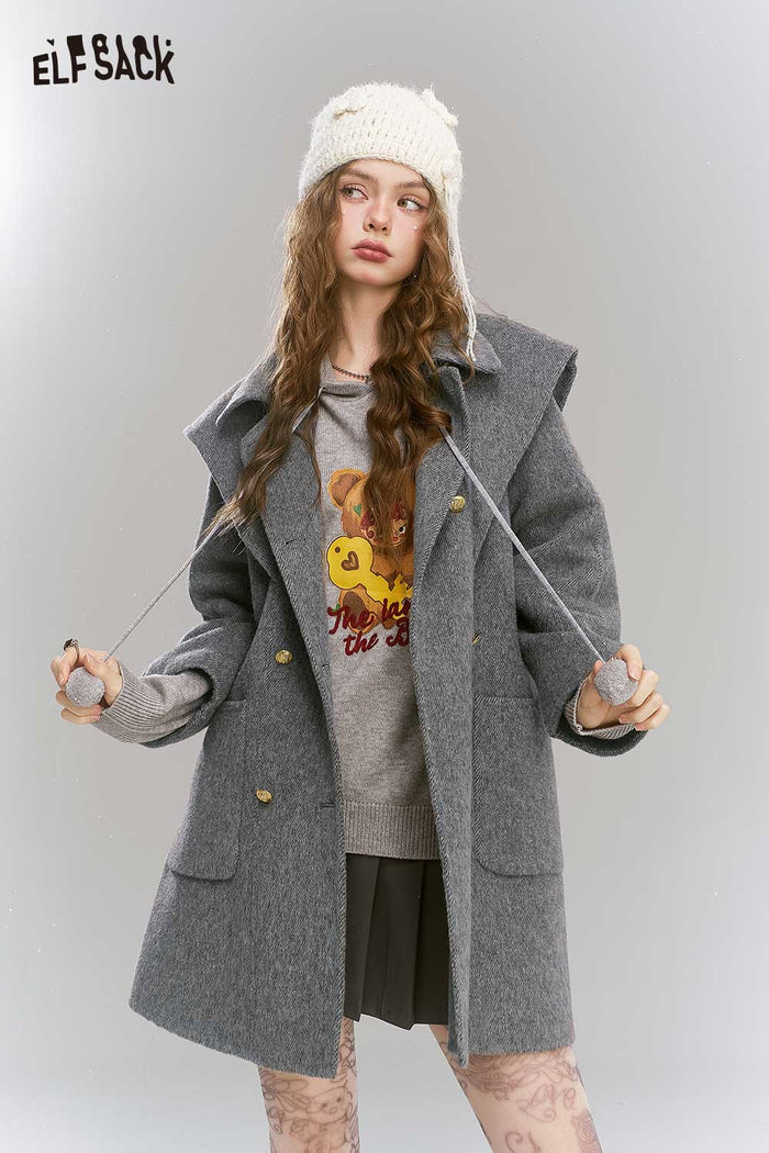ELFSACK Light British Style Gray Mid Length Coat