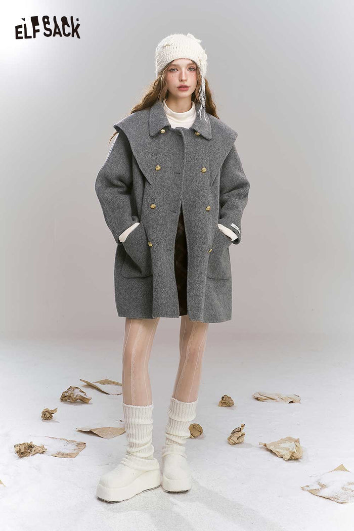 ELFSACK Light British Style Gray Mid Length Coat