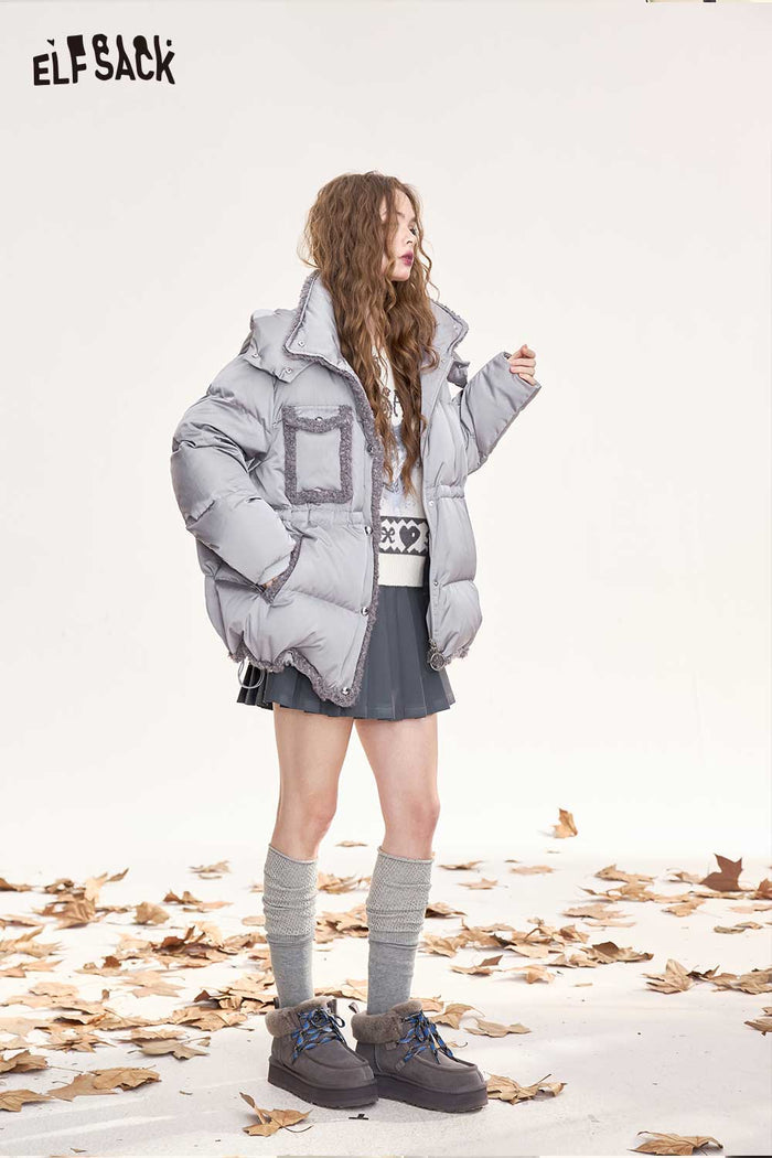 ELFSACK Light Design Loose Raw Edge Patchwork Hooded Down Jacket