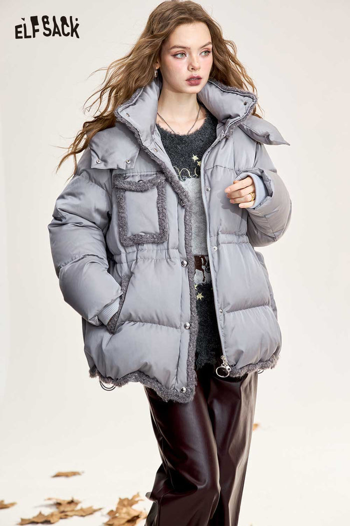 ELFSACK Light Design Loose Raw Edge Patchwork Hooded Down Jacket
