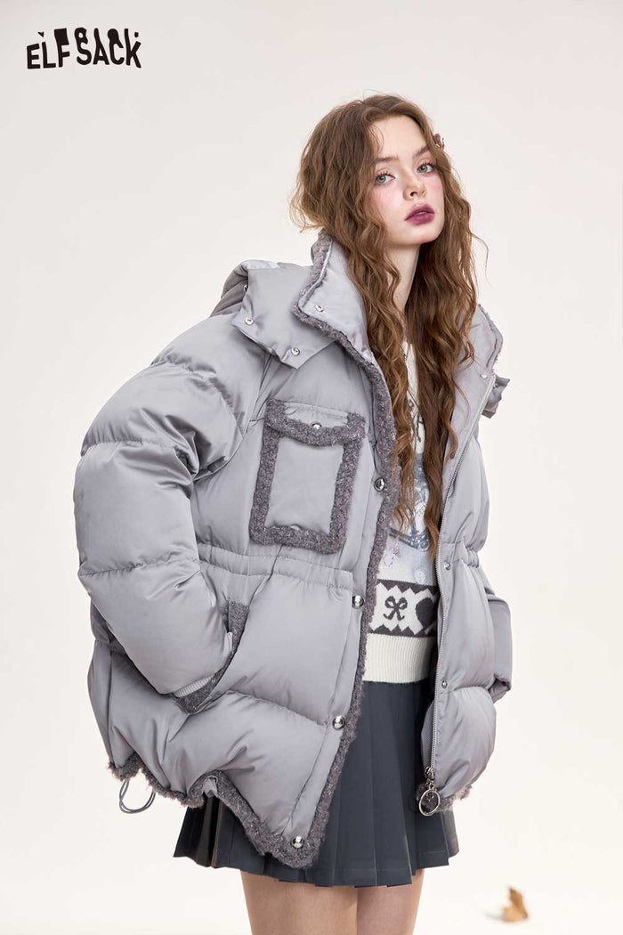 ELFSACK Light Design Loose Raw Edge Patchwork Hooded Down Jacket