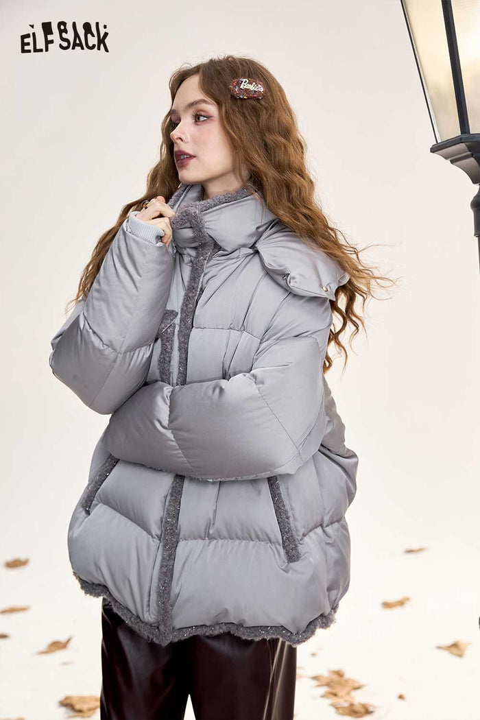 ELFSACK Light Design Loose Raw Edge Patchwork Hooded Down Jacket