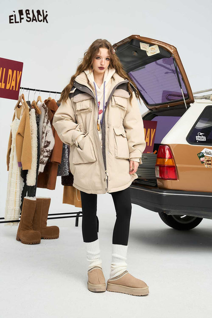ELFSACK Light Design Utility Style Mid Length Hooded Down Coat