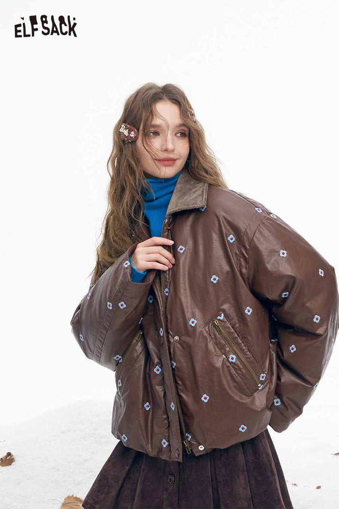 ELFSACK Light Faux Leather Solid Floral Graphic Lapel Short Down Jacket