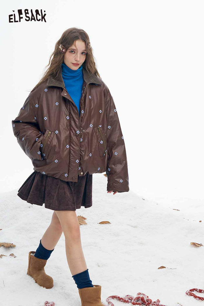 ELFSACK Light Faux Leather Solid Floral Graphic Lapel Short Down Jacket