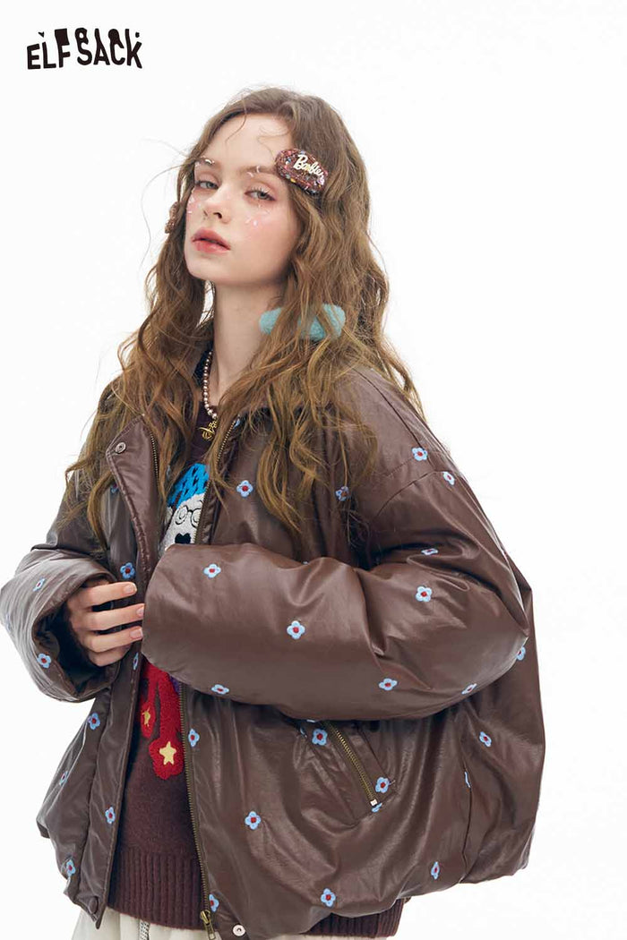 ELFSACK Light Faux Leather Solid Floral Graphic Lapel Short Down Jacket