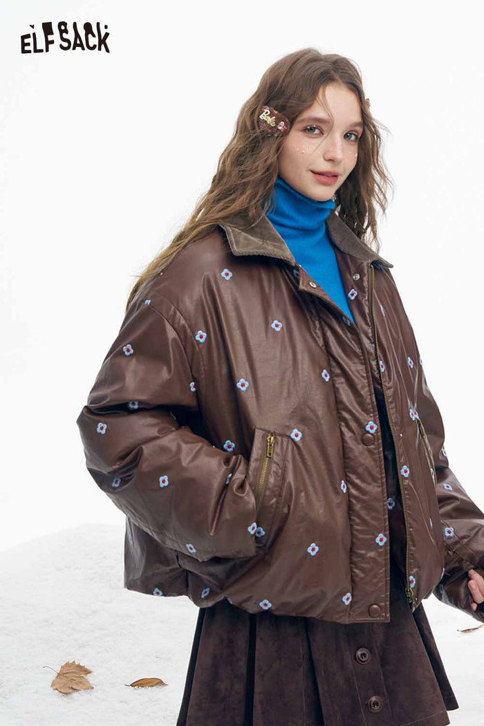 ELFSACK Light Faux Leather Solid Floral Graphic Lapel Short Down Jacket