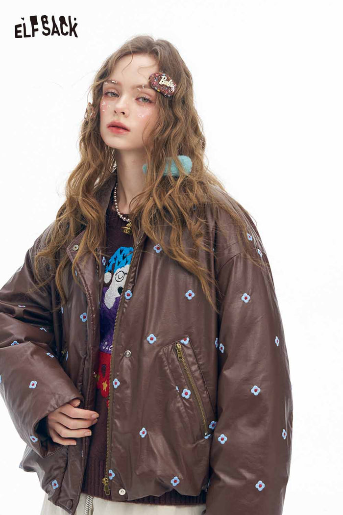 ELFSACK Light Faux Leather Solid Floral Graphic Lapel Short Down Jacket