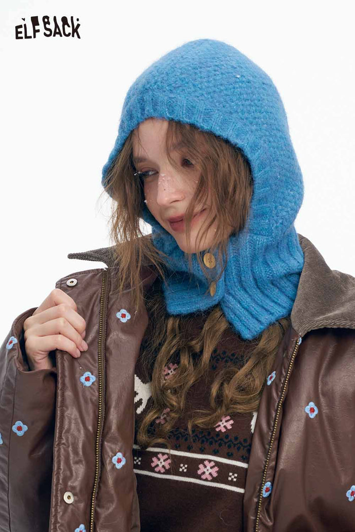 ELFSACK Light Faux Leather Solid Floral Graphic Lapel Short Down Jacket