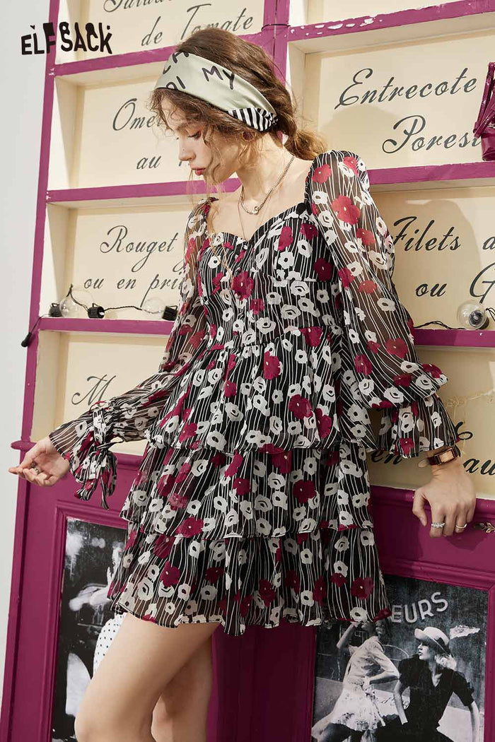ELFSACK Light Floral French Square Neck Tiered Dress