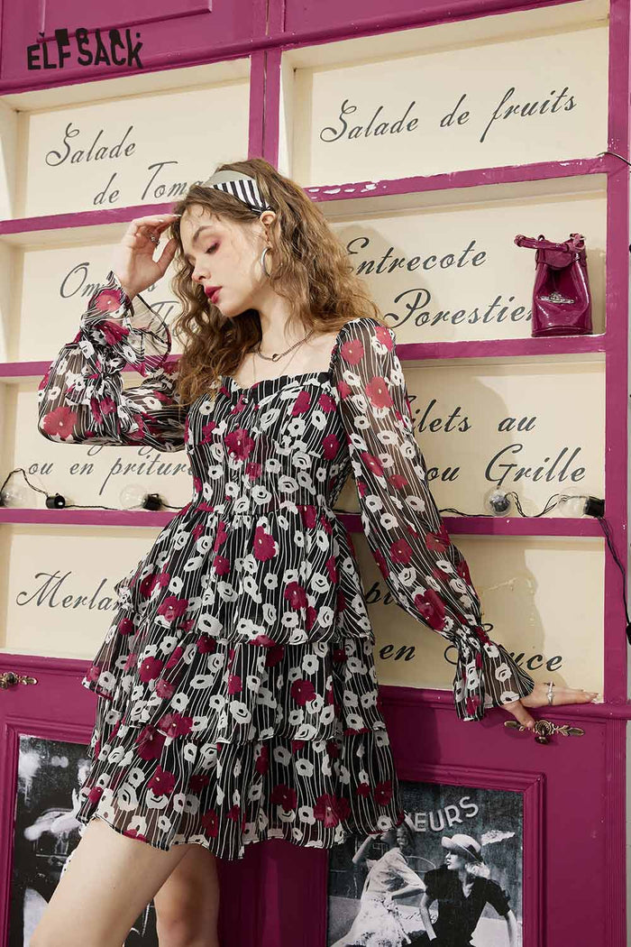 ELFSACK Light Floral French Square Neck Tiered Dress