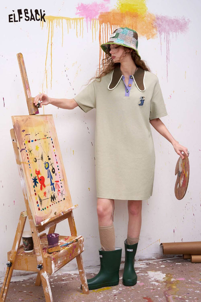 ELFSACK Light Green Midi Dress with Contrast Collar