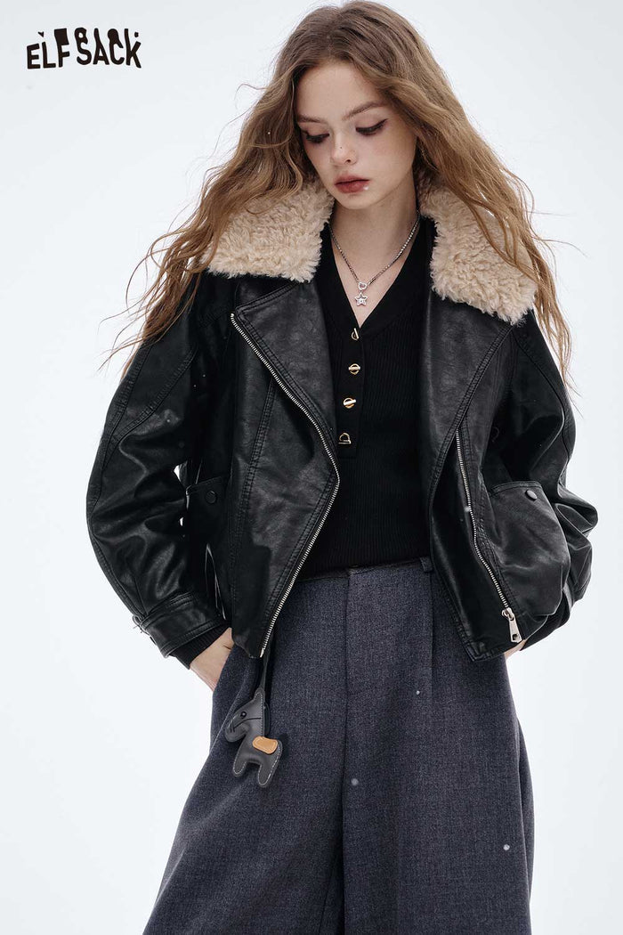 ELFSACK Light Lapel Leather Jacket