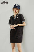 ELFSACK Light Loose Petite Letter Print Stripe Sleeve Solid Polo Collar Dress Tshirt Dress