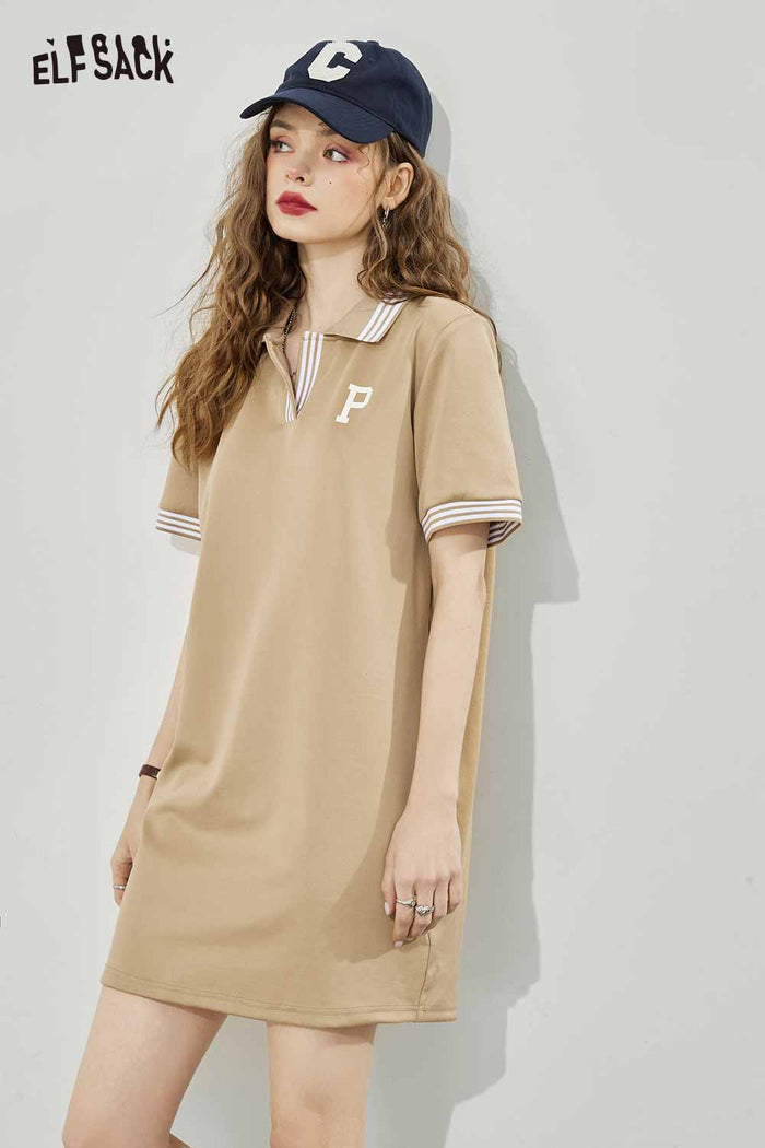 ELFSACK Light Loose Petite Letter Print Stripe Sleeve Solid Polo Collar Dress Tshirt Dress
