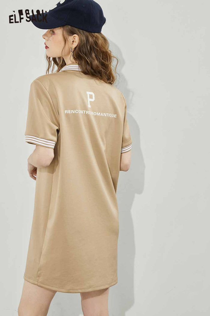 ELFSACK Light Loose Petite Letter Print Stripe Sleeve Solid Polo Collar Dress Tshirt Dress