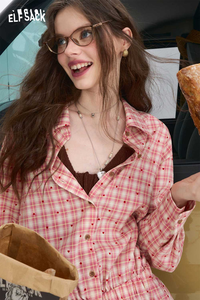 ELFSACK Light Loose Plaid Red Full Sleeve Shirt