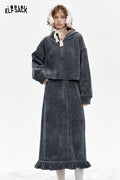 ELFSACK Light Miu Style Gray Chenille Hoodie Half Skirt Set